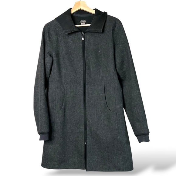 ARC’TERYX Lanea Wool Blend Coat Hooded Taped Seams Full Zip Close Charcoal Sz M - Picture 1 of 12